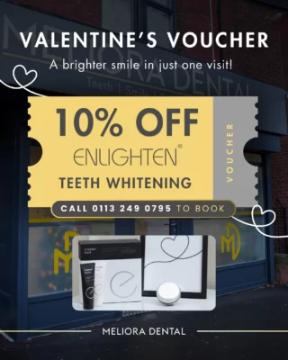 💖 Love Your Smile This Valentine’s Day! 💖

Treat yourself or someone special to a brighter, whiter smile with 10% off Enlighten Teeth Whitening. This exclusive Valentine’s discount is available now through February 15th – perfect for turning up the sparkle in your smile!

📞 Call us today at 0113 249 0795 to book your consultation and take the first step toward your dream smile. Don’t wait – your perfect Valentine’s glow is just a call away!

#ValentinesDay #TeethWhitening #EnlightenWhitening #SmileBright #MelioraDental #LeedsDentist #LoveYourSmile #CosmeticDentistry